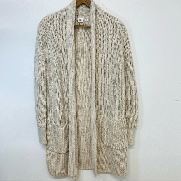 Gap Open Cardigan SP Long Line  Pockets Neutral‎ Cotton Wool Texture Cozy Casual - Picture 1 of 10
